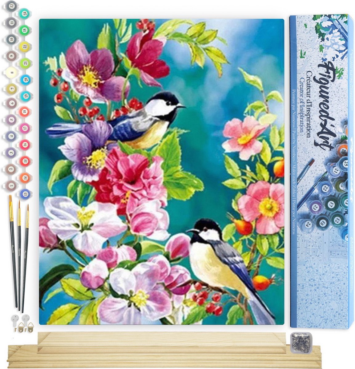 FiguredArt Schilderen op Nummer Volwassenen canvas Kleine vogels in de lente - Handwerk acrylverf Kit DIY Compleet - 40x50cm met DIY houten lijst